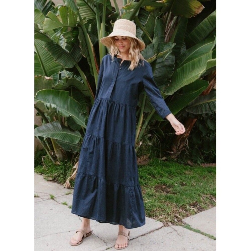 Jenni Kayne James Dress Navy Blue Cotton Linen Tiered Midi 3/4 Sleeve Sz L $345